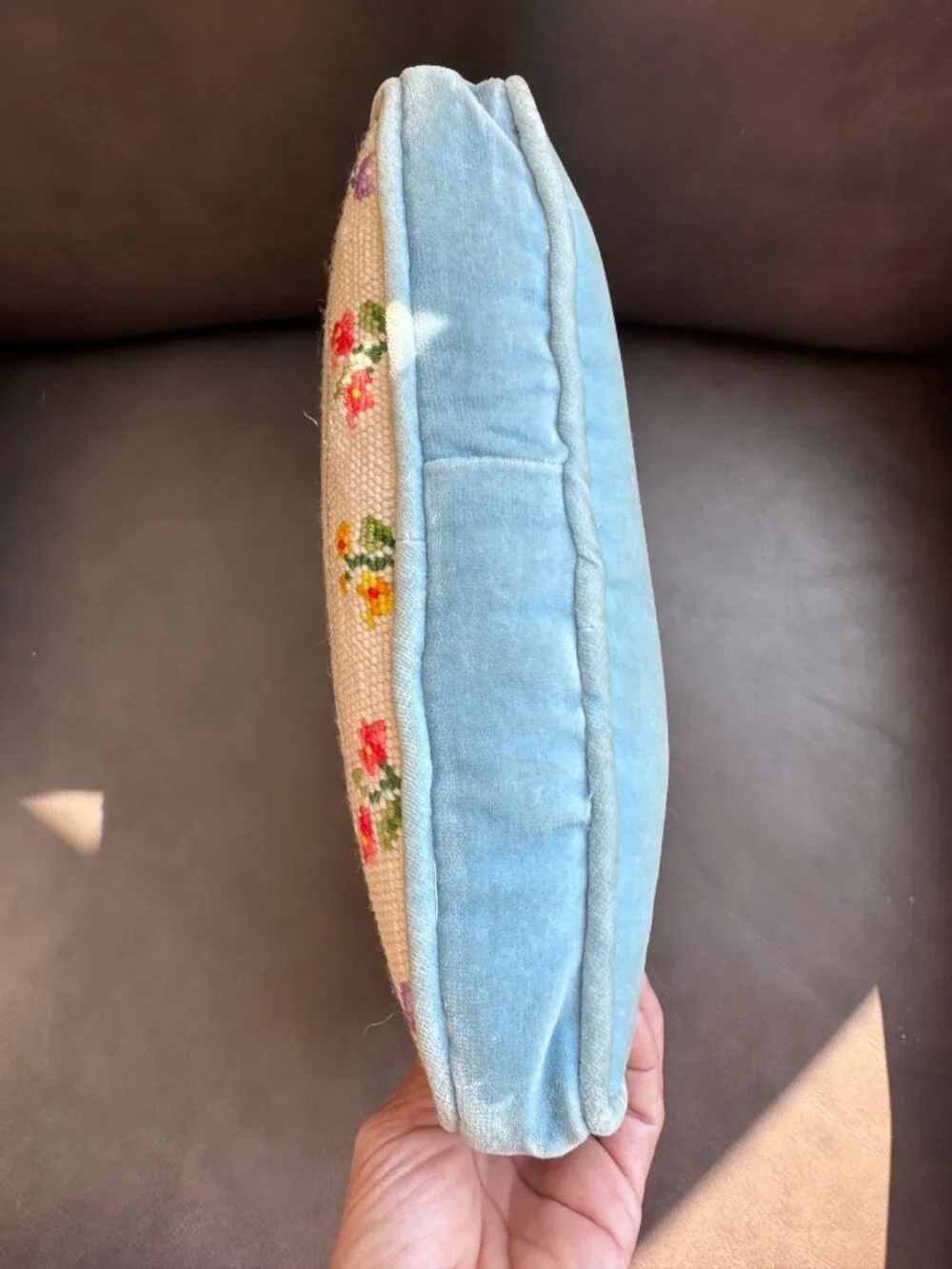 Vintage Needlepoint Pillow With Floral Design & Blue Velvet Backing 11